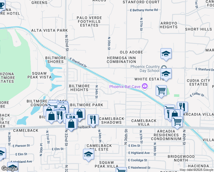 map of restaurants, bars, coffee shops, grocery stores, and more near 5214 North 34th Place in Phoenix