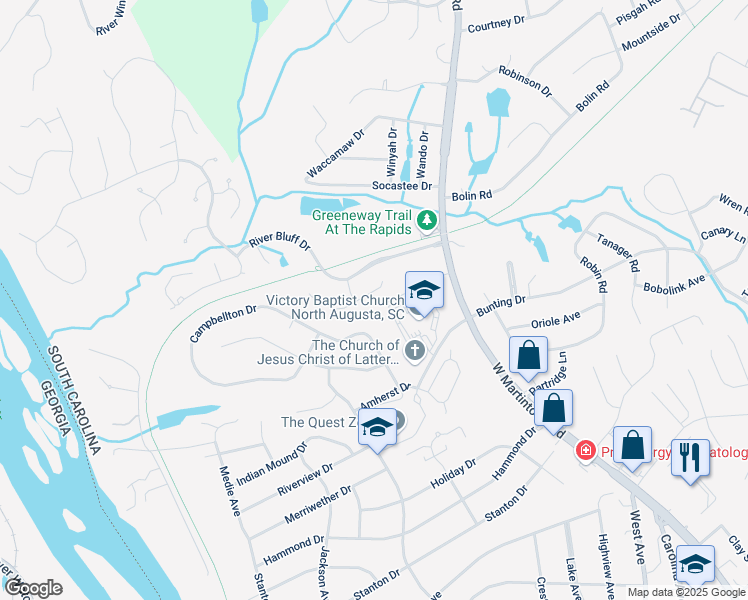 map of restaurants, bars, coffee shops, grocery stores, and more near 225 Post Oak Lane in North Augusta