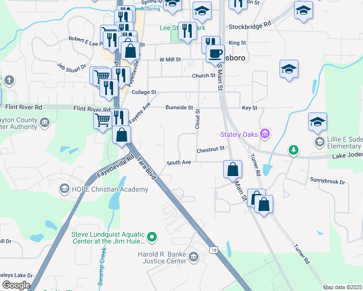 map of restaurants, bars, coffee shops, grocery stores, and more near 125 Arnold Place in Jonesboro