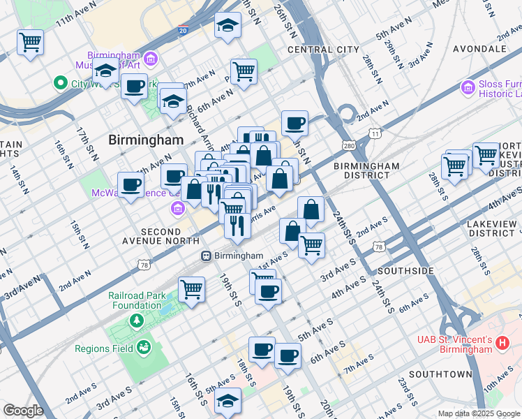 map of restaurants, bars, coffee shops, grocery stores, and more near 2105 Morris Avenue in Birmingham