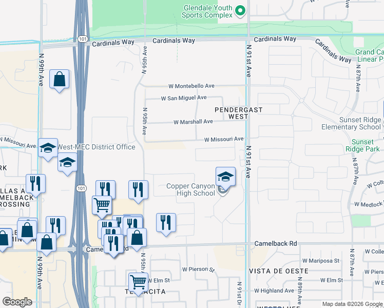 map of restaurants, bars, coffee shops, grocery stores, and more near 5454 North 93rd Avenue in Glendale