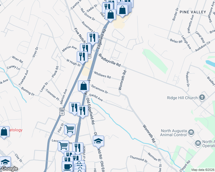 map of restaurants, bars, coffee shops, grocery stores, and more near 314 Sycamore Drive in North Augusta