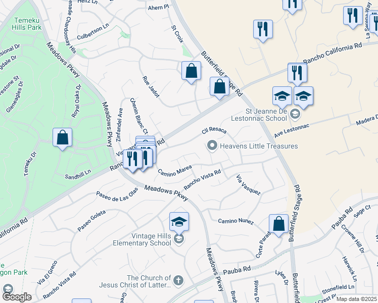 map of restaurants, bars, coffee shops, grocery stores, and more near 32064 Corte Soledad in Temecula