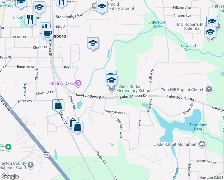 map of restaurants, bars, coffee shops, grocery stores, and more near 1400 Lake Jodeco Road in Jonesboro