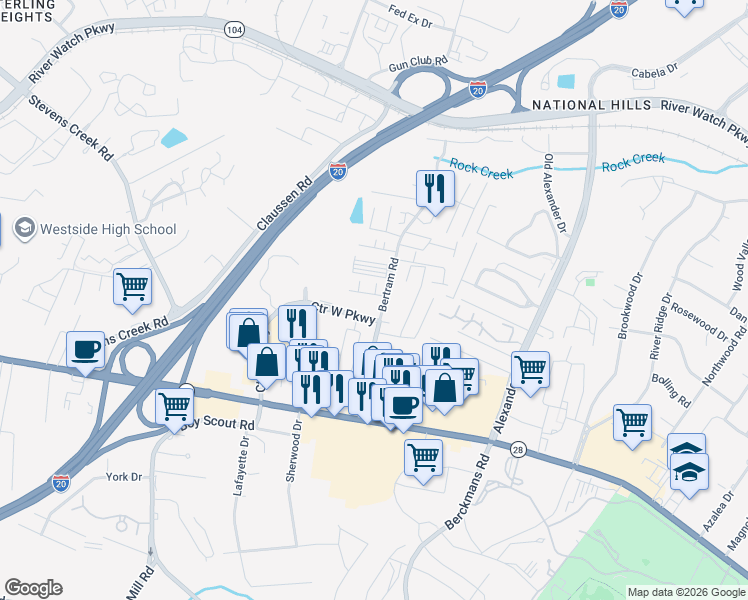 map of restaurants, bars, coffee shops, grocery stores, and more near 2501 Center West Parkway in Augusta