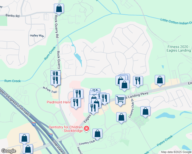 map of restaurants, bars, coffee shops, grocery stores, and more near 106 Ashland Grove in Stockbridge