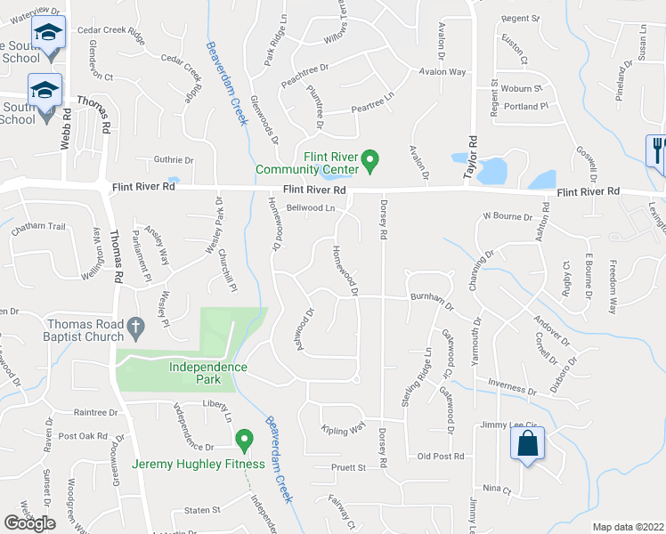 map of restaurants, bars, coffee shops, grocery stores, and more near 8811 Homewood Drive in Riverdale