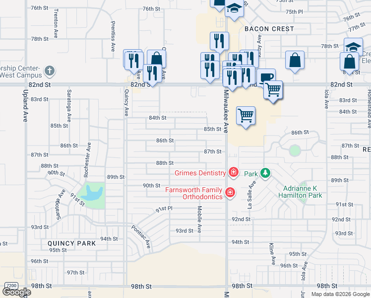 map of restaurants, bars, coffee shops, grocery stores, and more near 6546 88th Street in Lubbock