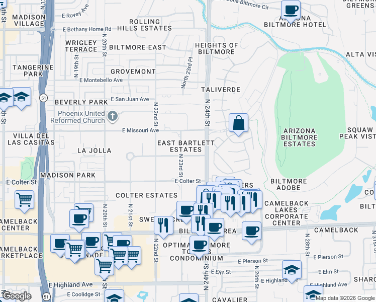 map of restaurants, bars, coffee shops, grocery stores, and more near 5229 North 23rd Street in Phoenix