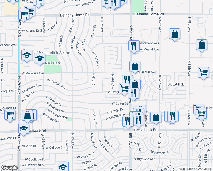map of restaurants, bars, coffee shops, grocery stores, and more near 6002 West Oregon Avenue in Glendale