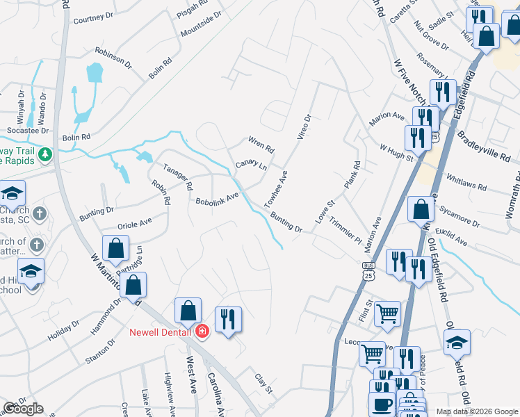 map of restaurants, bars, coffee shops, grocery stores, and more near 1953 Bunting Drive in North Augusta