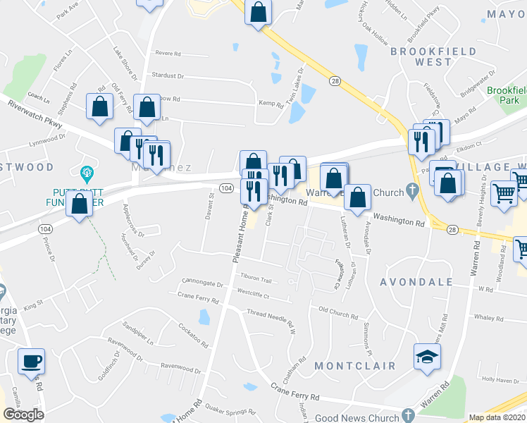 map of restaurants, bars, coffee shops, grocery stores, and more near 113 Clark Street in Augusta