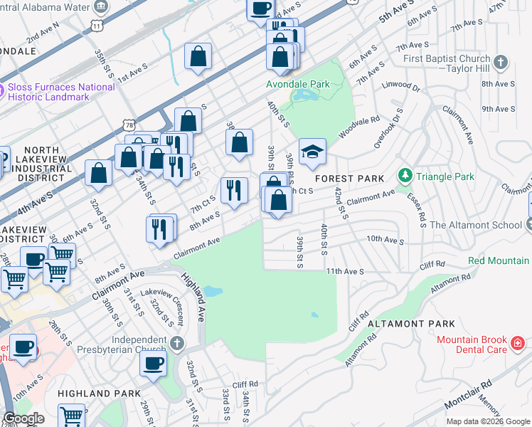 map of restaurants, bars, coffee shops, grocery stores, and more near 3652 Clairmont Avenue in Birmingham
