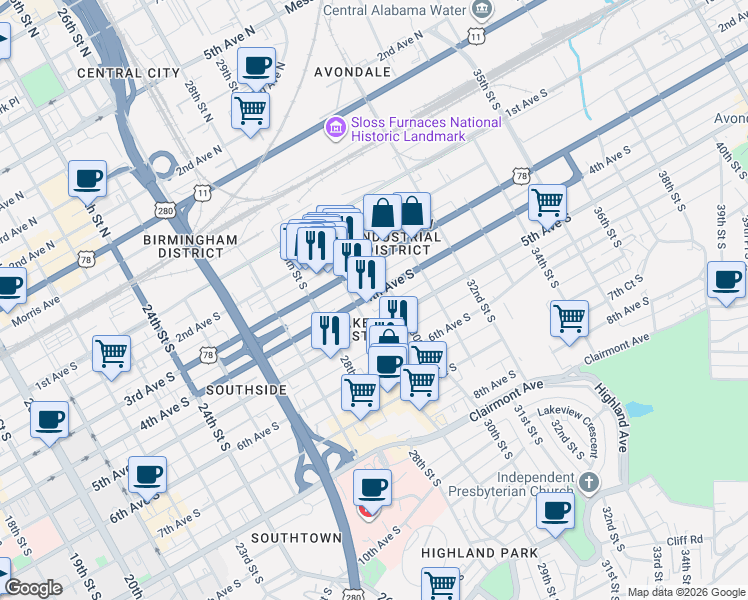 map of restaurants, bars, coffee shops, grocery stores, and more near in Birmingham