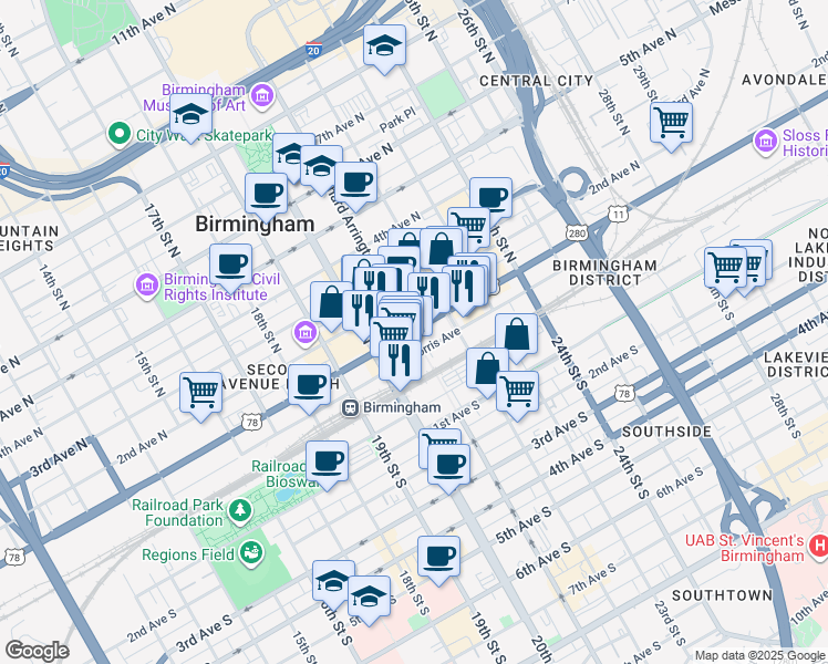 map of restaurants, bars, coffee shops, grocery stores, and more near 2105 Morris Avenue in Birmingham