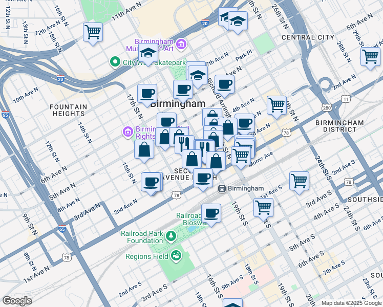 map of restaurants, bars, coffee shops, grocery stores, and more near 226 18th Street North in Birmingham