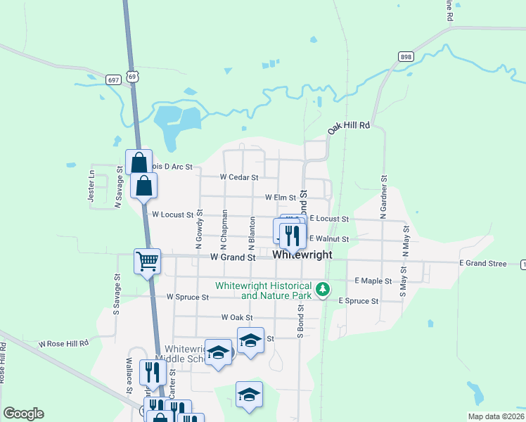 map of restaurants, bars, coffee shops, grocery stores, and more near 205 North Sears Street in Whitewright