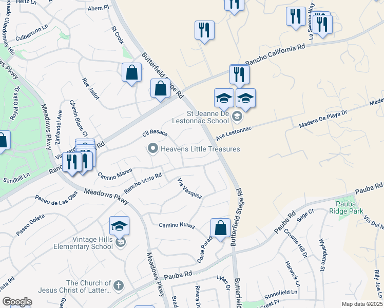 map of restaurants, bars, coffee shops, grocery stores, and more near 32306 Corte Las Cruces in Temecula