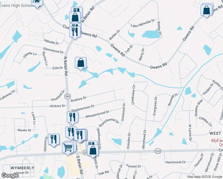 map of restaurants, bars, coffee shops, grocery stores, and more near 4401 Roxbury Drive in Evans