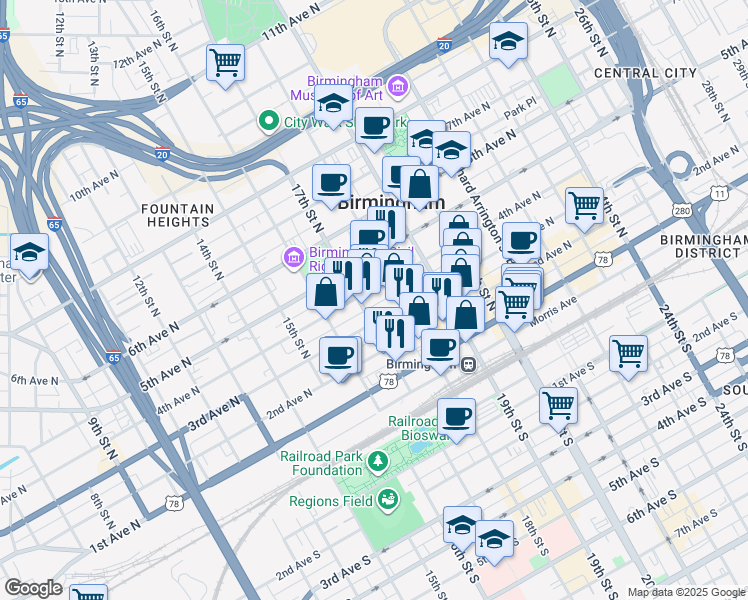 map of restaurants, bars, coffee shops, grocery stores, and more near 1700 3rd Avenue North in Birmingham