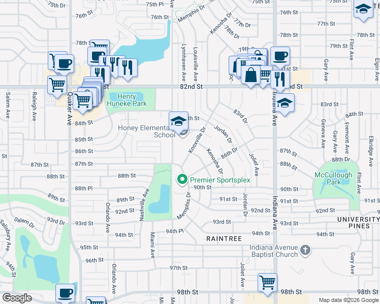 map of restaurants, bars, coffee shops, grocery stores, and more near 8657 Knoxville Drive in Lubbock
