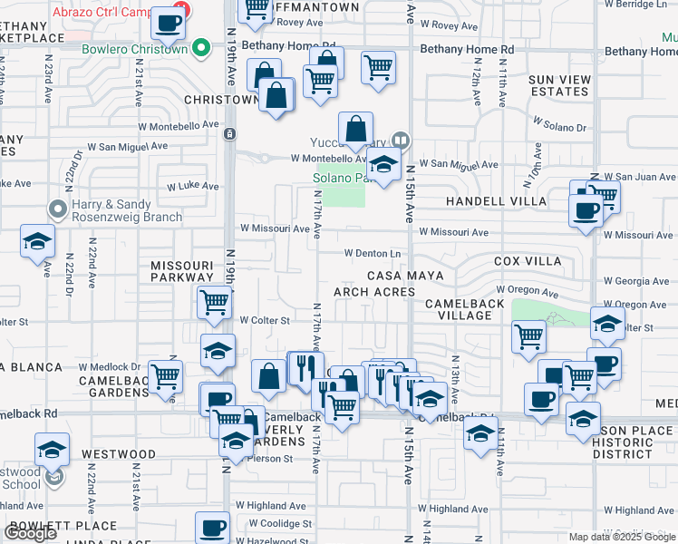 map of restaurants, bars, coffee shops, grocery stores, and more near 1623 West Denton Lane in Phoenix