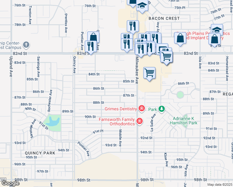 map of restaurants, bars, coffee shops, grocery stores, and more near 6532 87th Street in Lubbock
