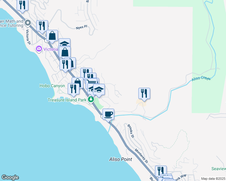 map of restaurants, bars, coffee shops, grocery stores, and more near 21662 Ocean Vista Drive in Laguna Beach