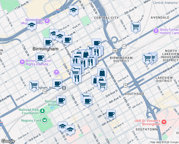 map of restaurants, bars, coffee shops, grocery stores, and more near 61 22nd Street North in Birmingham