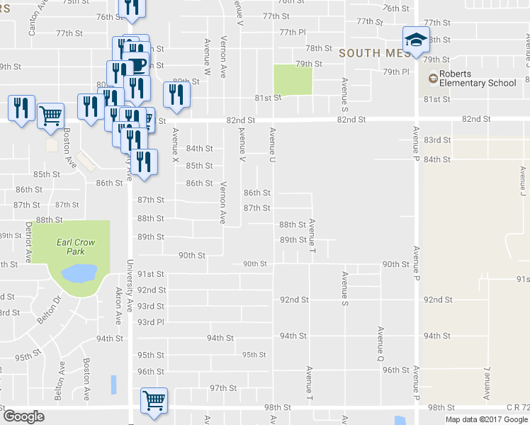 map of restaurants, bars, coffee shops, grocery stores, and more near 2105 87th Street in Lubbock
