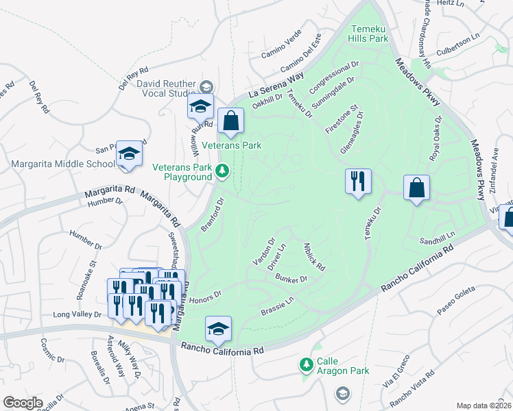 map of restaurants, bars, coffee shops, grocery stores, and more near 39600 South General Kearney Road in Temecula
