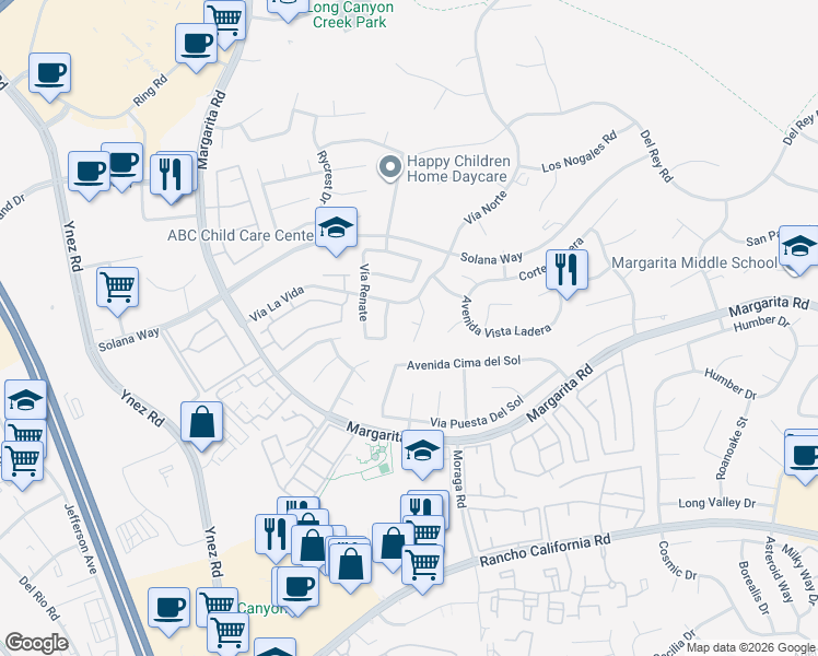 map of restaurants, bars, coffee shops, grocery stores, and more near 29771 Orchid Court in Temecula