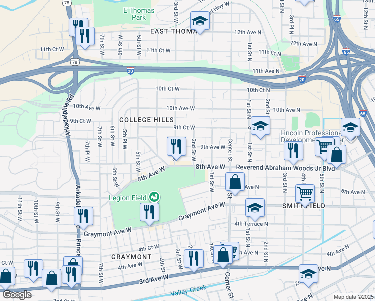 map of restaurants, bars, coffee shops, grocery stores, and more near 206 8th Avenue West in Birmingham