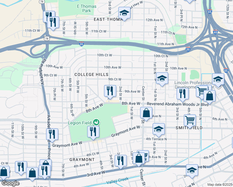 map of restaurants, bars, coffee shops, grocery stores, and more near 206 8th Avenue West in Birmingham