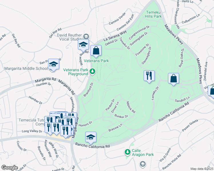 map of restaurants, bars, coffee shops, grocery stores, and more near 39600 South General Kearney Road in Temecula