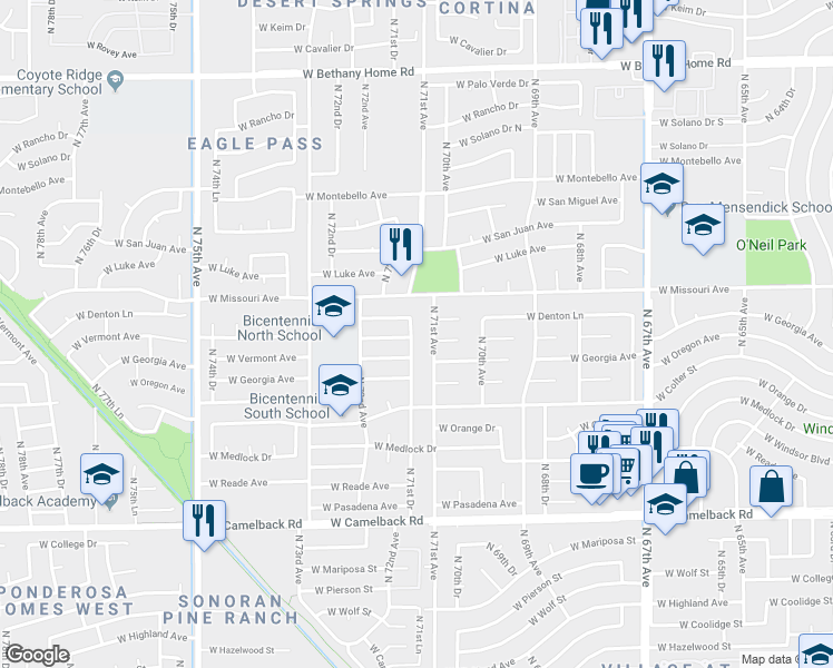 map of restaurants, bars, coffee shops, grocery stores, and more near 5427 North 71st Drive in Glendale