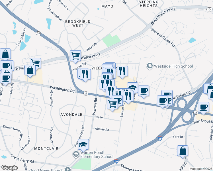 map of restaurants, bars, coffee shops, grocery stores, and more near 603 Shartom Drive in Augusta