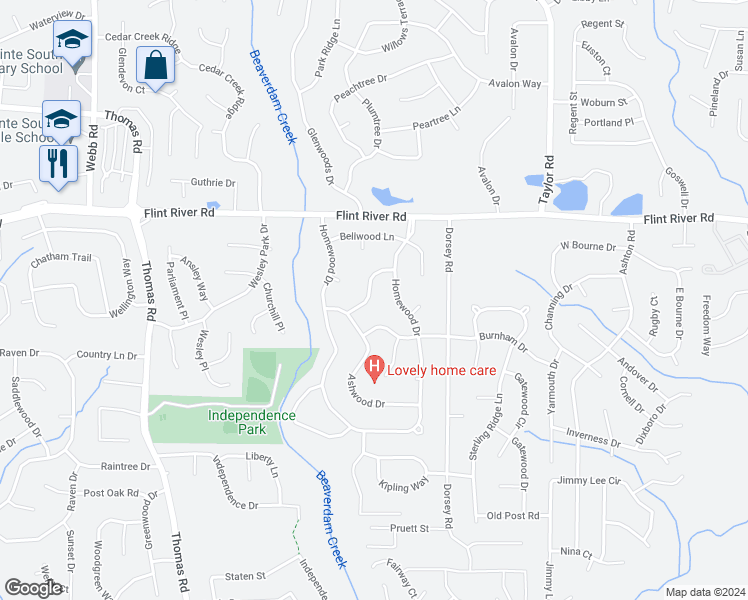 map of restaurants, bars, coffee shops, grocery stores, and more near 250 Leafwood Lane in Riverdale