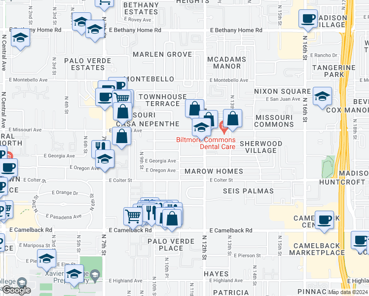 map of restaurants, bars, coffee shops, grocery stores, and more near 1123 East Georgia Avenue in Phoenix