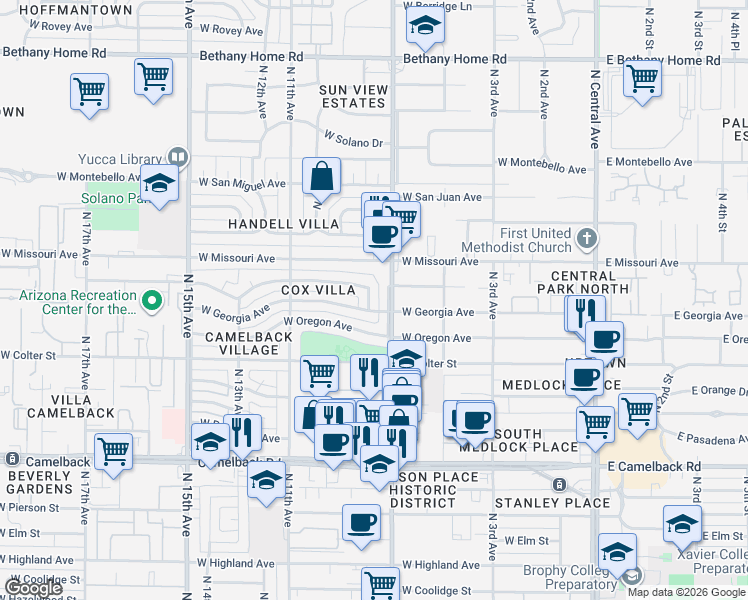 map of restaurants, bars, coffee shops, grocery stores, and more near 711 West Georgia Avenue in Phoenix