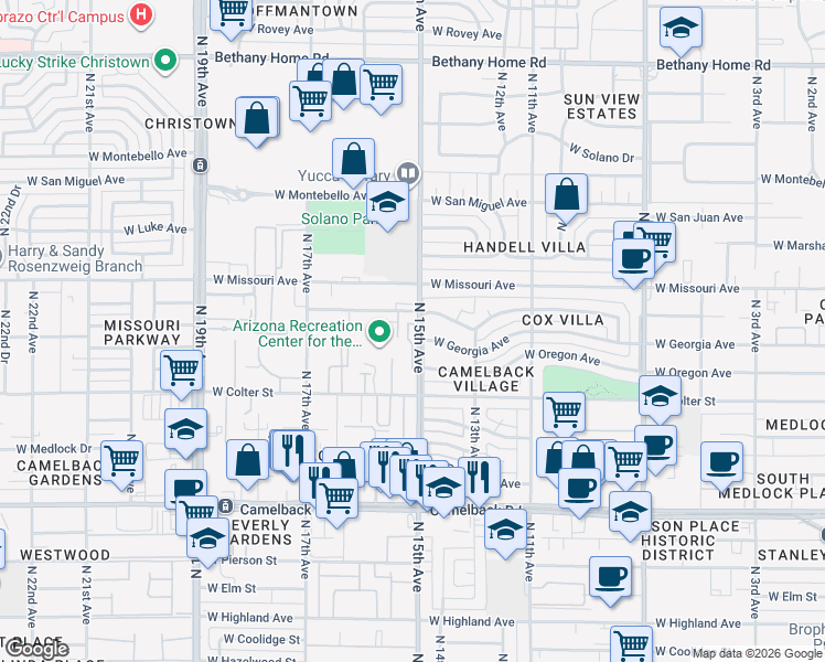 map of restaurants, bars, coffee shops, grocery stores, and more near 1518 West Colter Street in Phoenix