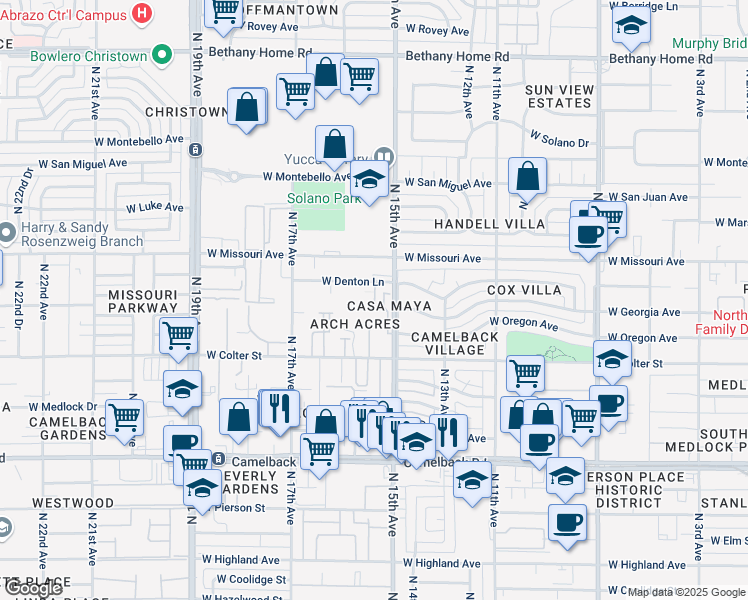 map of restaurants, bars, coffee shops, grocery stores, and more near 1518 West Colter Street in Phoenix