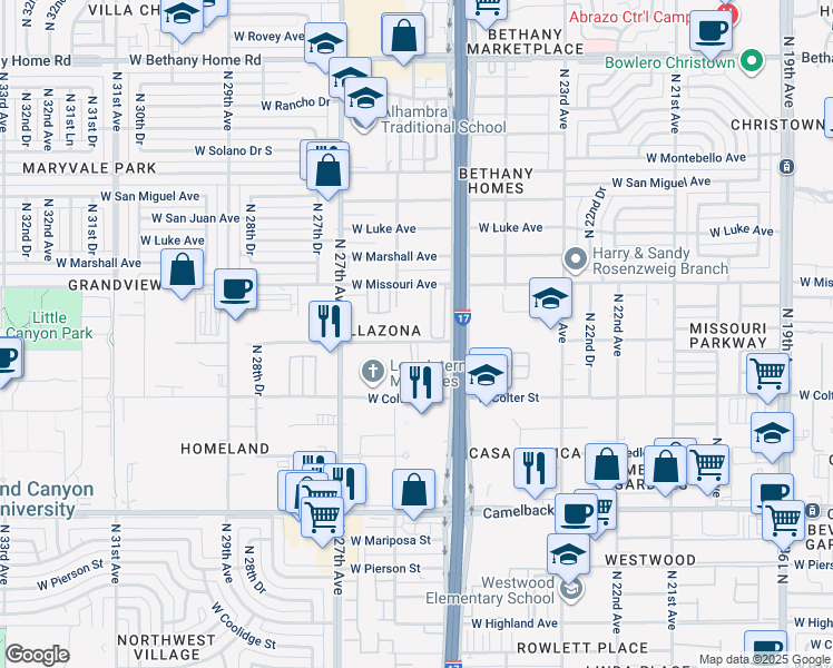map of restaurants, bars, coffee shops, grocery stores, and more near 2541 West Georgia Avenue in Phoenix