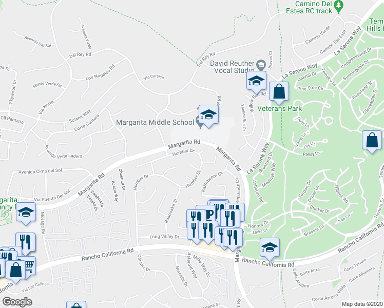 map of restaurants, bars, coffee shops, grocery stores, and more near 30455 Shenandoah Court in Temecula