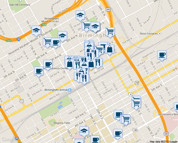 map of restaurants, bars, coffee shops, grocery stores, and more near 2105 Morris Avenue in Birmingham