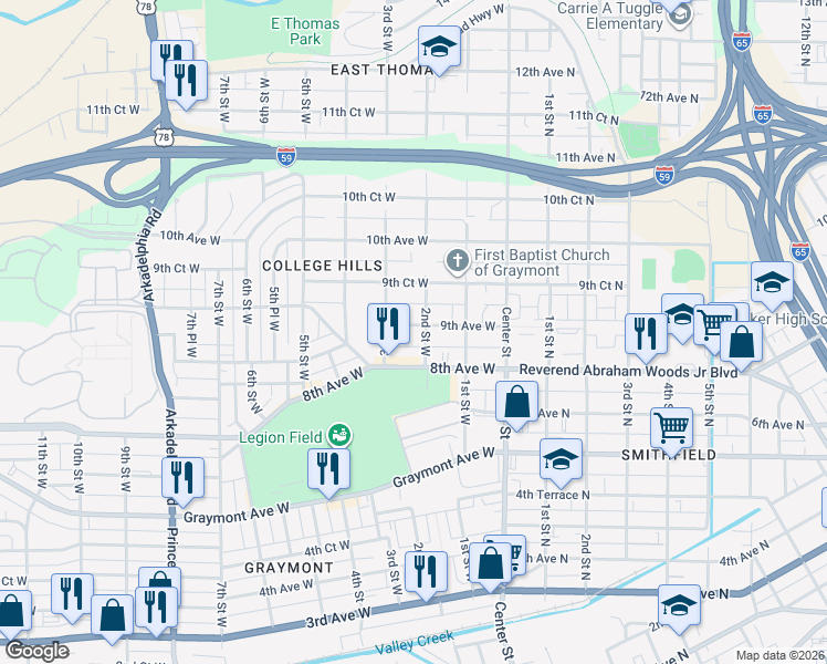 map of restaurants, bars, coffee shops, grocery stores, and more near 206 8th Avenue West in Birmingham