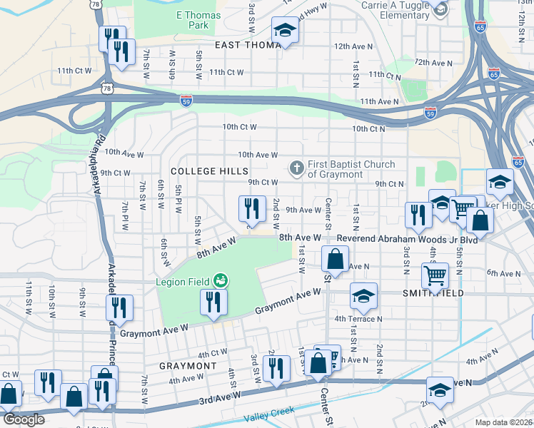 map of restaurants, bars, coffee shops, grocery stores, and more near 206 8th Avenue West in Birmingham