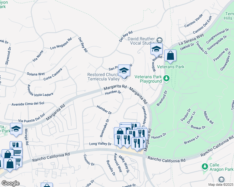 map of restaurants, bars, coffee shops, grocery stores, and more near 30455 Shenandoah Court in Temecula