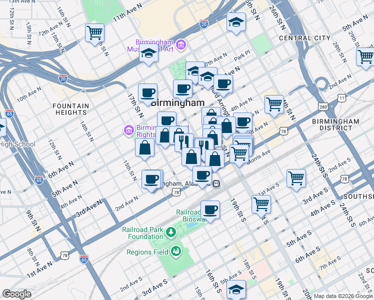 map of restaurants, bars, coffee shops, grocery stores, and more near 226 18th Street North in Birmingham