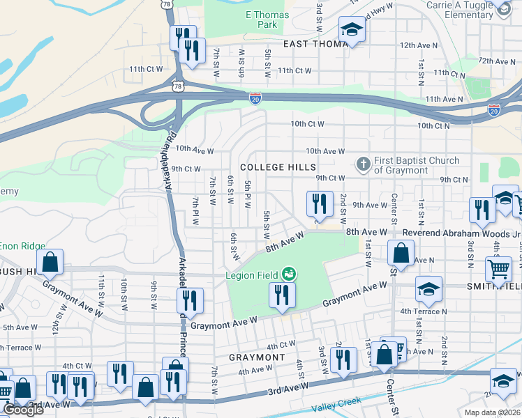 map of restaurants, bars, coffee shops, grocery stores, and more near 833 5th Street West in Birmingham
